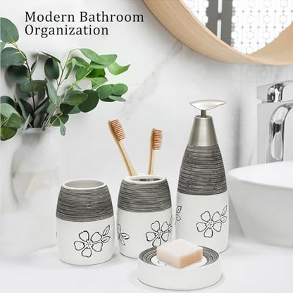 CERBIOR Bathroom Accessories Set,4 PCS Ceramic Bath Accessory,White Flower