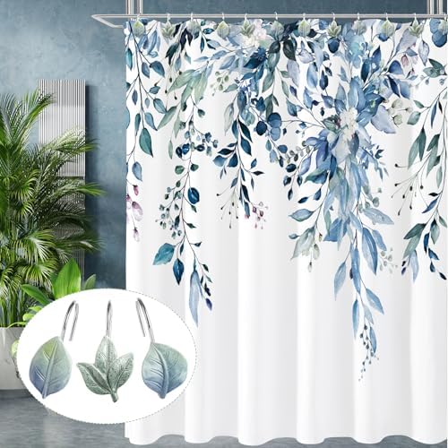 Blue Plant Leaf Shower Curtain Hooks,Eucalyptus Bathroom Decor,12PCS