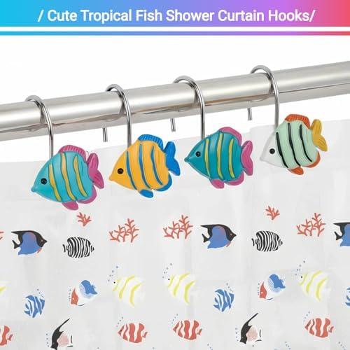 12Pcs Tropical Fish Shower Curtain Hooks Decorative for Curtain Rods, Cute Animals Shower Curtain Rings, Silver Stainless Steel Metal Shower Curtain Hanger Hooks, Kids Ocean Bathroom Decor Accessories