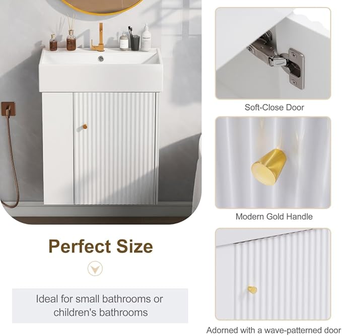 22" Small Bathroom Vanity with Sink, Floating Vanity for Bathrooms with Soft-Close Door and Open Shelf, Wall Mounted Narrow Bathroom Vanities for Compact Bathrooms (White,22" Floating Left Shelf)