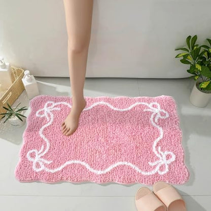 Mocsicka Pink Bow Bath Mat Cute Bow Bathroom Rug Super Soft Absorbent Bathroom Rugs Non Slip Bath Mat Machine Washable Rug for Bathrooms 20x32 inches (Pink, 50x80cm)