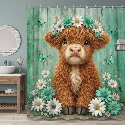Cute Cow Shower Curtain, Farmhouse Rustic Green Floral Daisy Highland Cow Shower Curtains for Bathroom, Calf Country Farm Animal Garden Plant Fabric Bathroom Decor with Hooks, 36x72 inch