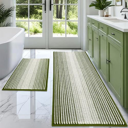 BSICPRO Bathroom Rugs Sets 2 Piece, Non Slip Striped Bath Mats, Sage