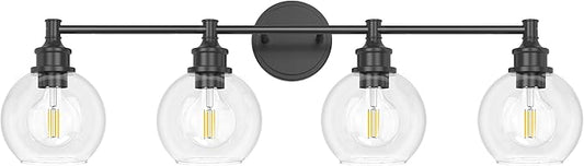 Bathroom Light Fixtures, 4-Light Matte Black Vanity Light Globe Glass Shades, Bathroom Lighting Fixtures Over Mirror, Wall Sconces for Master Bathroom, Guest Bathroom, Powder Room, 28-inch