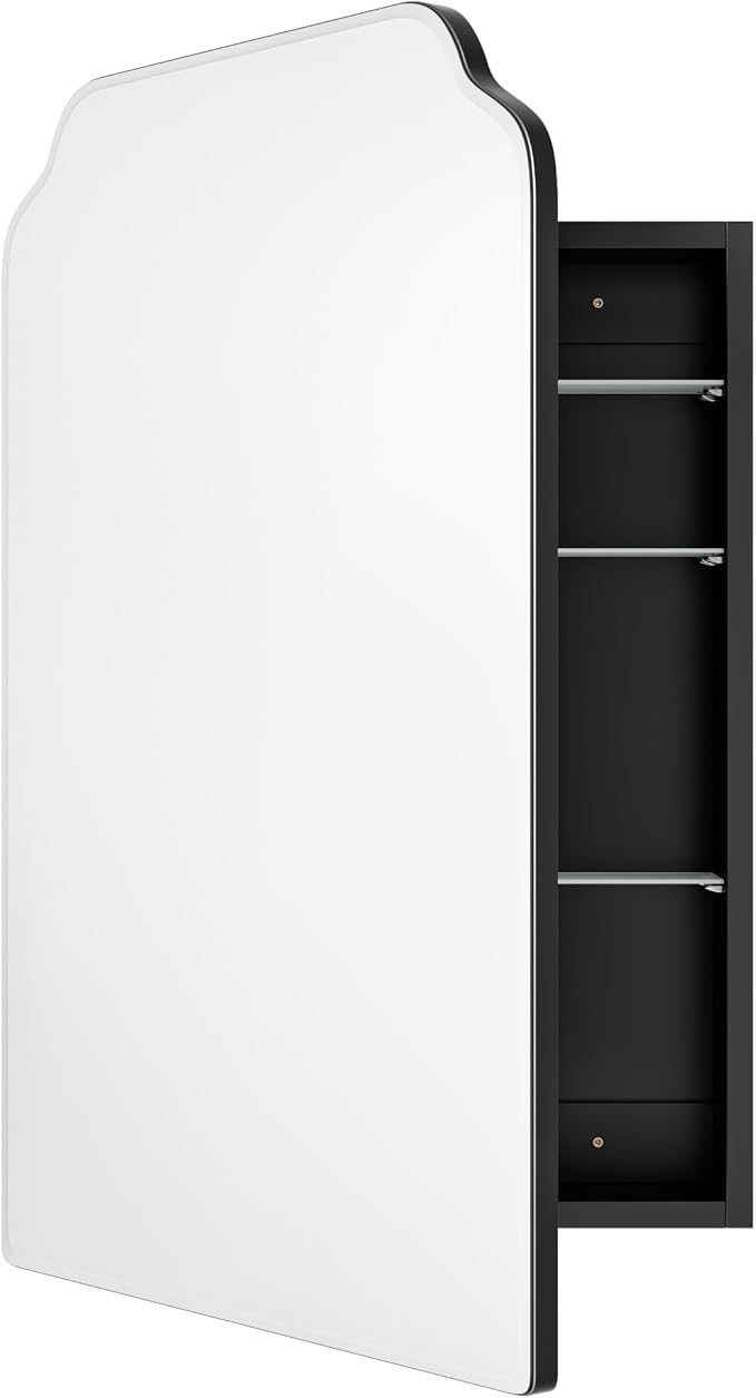 AGDULL Victorian Medicine Cabinet with Arched Mirror, Overall 17.5"W x 29"H | Recessed or Surface Mount, 16.1"W x 24"H Wood Black Cabinet with 17.5"W x 29"H Arched Mirror, Left-Swing Door, Soft-Close
