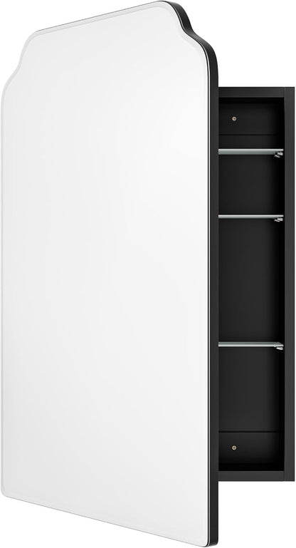 AGDULL Victorian Medicine Cabinet with Arched Mirror, Overall 17.5"W x 29"H | Recessed or Surface Mount, 16.1"W x 24"H Wood Black Cabinet with 17.5"W x 29"H Arched Mirror, Left-Swing Door, Soft-Close