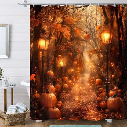 Fall Shower Curtain, Autumn Pumpkin Forest Path Bathroom Curtain, Maple Leaves Harvest Thanksgiving Farmhouse Waterproof Polyester Fabric with Hooks 72x72 Inch