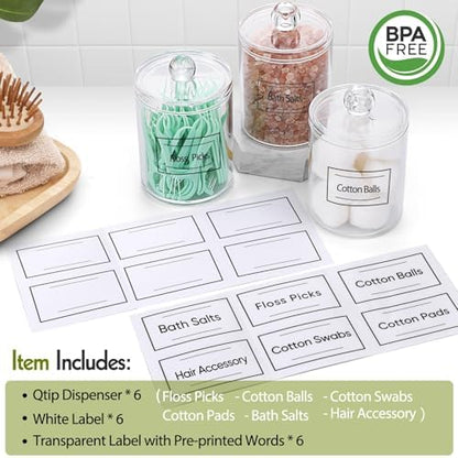 6 Pack Acrylic Qtip Holder Dispenser for Cotton Swabs, Balls, Floss Picks