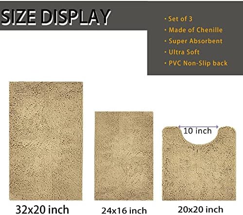 RUN HELIX Beige Bathroom Rugs Ultra Soft Rugs and Mats Set 3 Pieces Bath Rug Set Thick Chenille Bath Rugs Non Slip Bath Mats for Bedroom