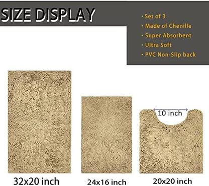 RUN HELIX Beige Bathroom Rugs Ultra Soft Rugs and Mats Set 3 Pieces Bath Rug Set Thick Chenille Bath Rugs Non Slip Bath Mats for Bedroom