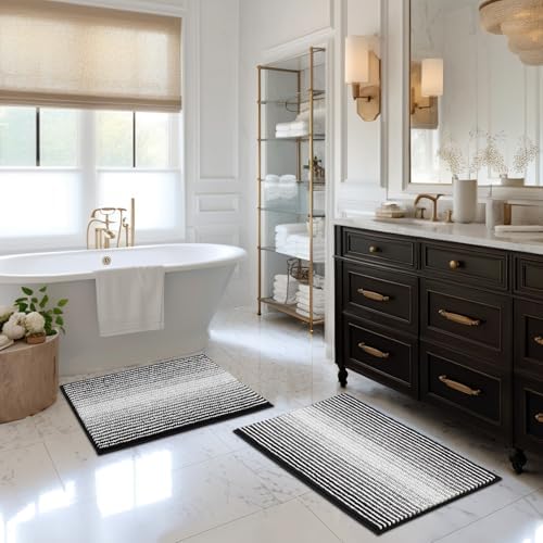 BSICPRO Bathroom Rugs Sets 2 Piece, Non Slip Striped Bath Mats, Black