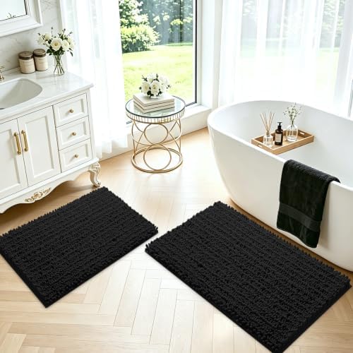 ACCUMTEK Upgrade Luxury 2 Piece Black Toilet Bathroom Rug Mat 32"x20"+24"x17", Ultra Soft Thick Absorbent Bath Mats, Non Slip Chenille Toilet Mat for Bathroom, Bedroom, Kitchen, Shower, Tub