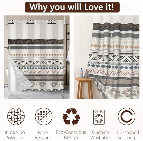 No Hook Western Shower Curtain and Liner Set, 71 x 74 Inch