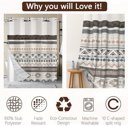 No Hook Western Shower Curtain and Liner Set, 71 x 74 Inch