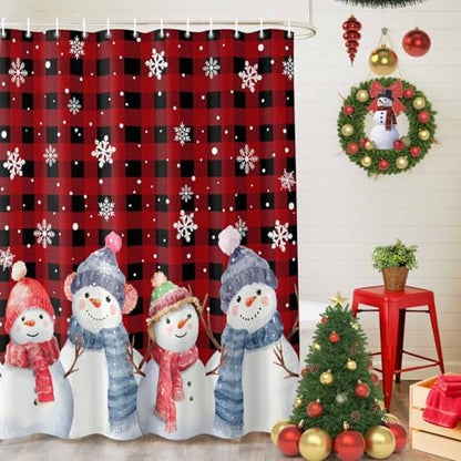 Christmas Snowman Shower Curtain Bathroom Set Red Black Buffalo Plaid Waterproof Shower Curtains with Grommets Hooks Xmas Snowflakes Privacy Bath Curtain for Bathtub Decor 60x72in