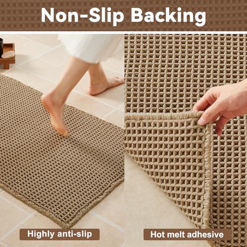 Triohero Waffle Bath Mat, Boho Bathroom Rugs Non Slip Washable, 20x30 Khaki