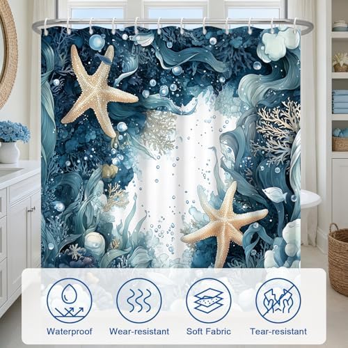 Deep Blue Bathroom Shower Curtain with 12 Hooks, Underwater Starfish Ocean Shower Curtain with Metal Grommets & Weighted Hem, Machine Washable Waterproof Shower Curtains for Bathroom, 72x72 Inches