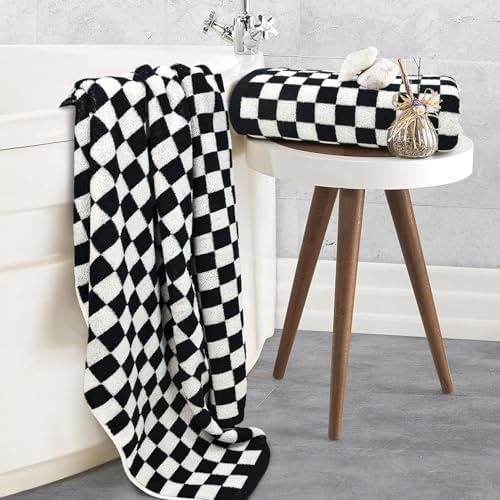 Jacquotha Black and White Checkered Cotton Bath Towels Set of 2