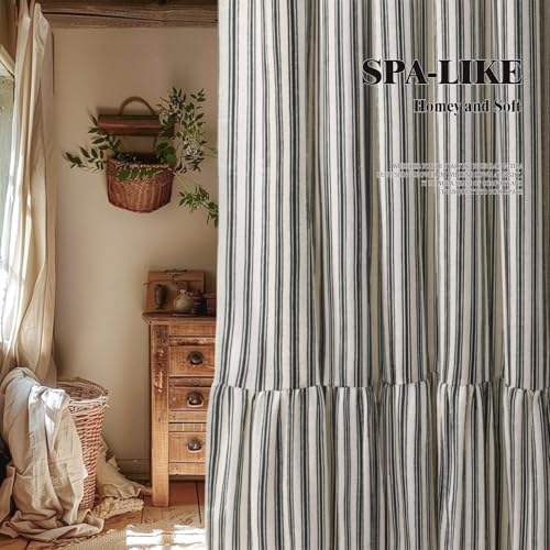 Farmhouse Shower Curtain Ruffle Linen Cream-Black Stripe 48"W x 72"L