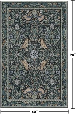 Cottagecore 5x8 Throw Rugs for Living Room, Washable Forest Rugs for Dining Room, Non Slip 5 by 8 Bedroom Under Bed, Low Pile Soft Carpet (Navy Blue & Deep Teal)