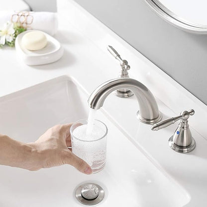 8 Inch 3 Holes Brushed Nickel Low Arc Widespread Bathroom Sink Faucet, 2 Handles Bathroom Faucet with Stainless Steel Pop Up Drain, WF008-4-BN
