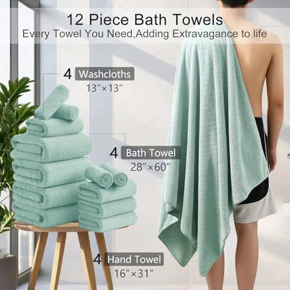 Hailea Luxury Bath Towels Set - 12 Piece (4 Large Bath Towels,4 Hand Towels,4 Washcloths), 100% Microfiber,Extra Absorbent Super Soft & Quick Dry,Complete Family Pack for Bathroom Gym Pool,Mint Green