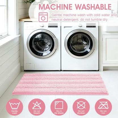 ACCUMTEK Christmas Striped Pink Bathroom Rug Set 3 Pieces Ultra Soft, Non Slip Chenille Toilet Mat, Absorbent Plush Shaggy Bath Mats for Bathroom, Bedroom, Kitchen
