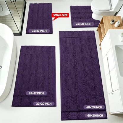 ACCUMTEK Striped Eggplant Purple Toilet Bathroom Rug Mat Set 2 piece Rug Ultra Soft, Non Slip Chenille Bath Rugs, Absorbent Plush Shaggy Bath Mats for Bathroom, Bedroom, Kitchen, Shower, Tub