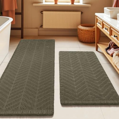 IM HOME Upgrade Waffle Bath Mat Set 2 Piece, Greyish Green, Boho Bathroom Rugs Absorbent Non Slip, Ultra Soft Bathroom Mat, Machine Washable Knit Bath Rugs with Herringbones for Bathroom, Kitchen