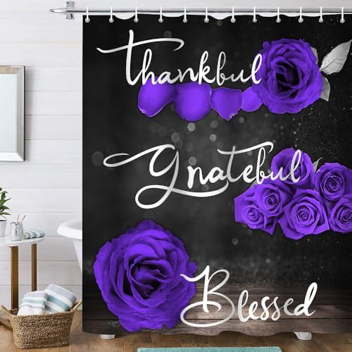 Onalasyc 4Pcs Purple Rose Floral Shower Curtain with Rugs Set