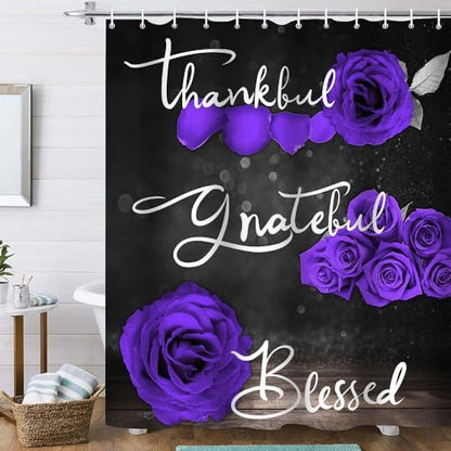 Onalasyc 4Pcs Purple Rose Floral Shower Curtain with Rugs Set