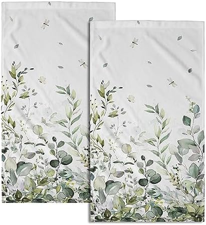 Sage Green Eucalyptus Hand Towels Set of 2 Watercolor Plant Leaves with Floral Fingertip Towels Soft Kitchen Dish Towel for Bathroom Laundry Room Spa Decor