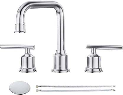 WOWOW Widespread Bathroom Faucet Chrome 8 inch Bathroom Sink Faucet Adjustable 3 Pieces Basin Faucets 360° Swivel Spout Modern Lavatory Faucet Vanity Faucets Water Supply Lines Quick Install Pipe