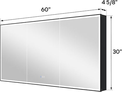 60" X 30" LED Mirrored Medicine Cabinet, Medicine Cabinets with Lights for Bathroom, Defogging Function Mirror Cabinet, Bathroom Medicine Cabinet with USB Port & Outlet, Three Opening Doors