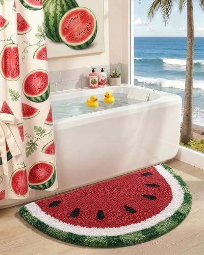 DEXI Cute Watermelon Bath Mat, Half Round Fruit Bathroom Rugs 43x24