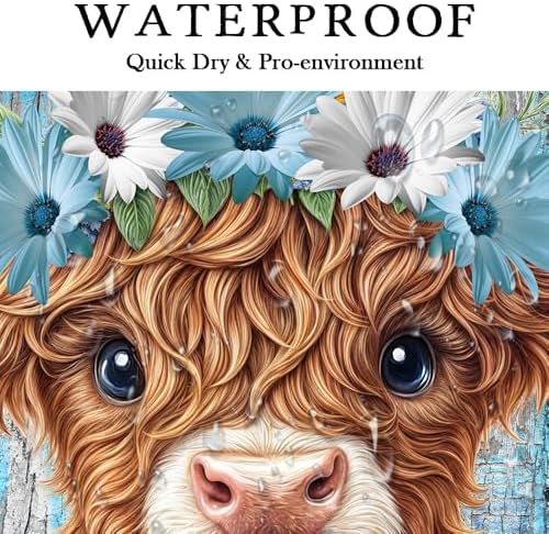 Rustic Farmhouse Shower Curtain, Farm Teal Daisy Floral Flowers and Butterfly on Country Wooden Shower Curtain for Bathroom, Country Blue Daisy Cute Highland Cow Curtain with 12PCS Hooks 47X64in