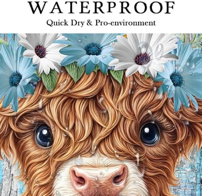 Rustic Farmhouse Shower Curtain, Farm Teal Daisy Floral Flowers and Butterfly on Country Wooden Shower Curtain for Bathroom, Country Blue Daisy Cute Highland Cow Curtain with 12PCS Hooks 54X72in