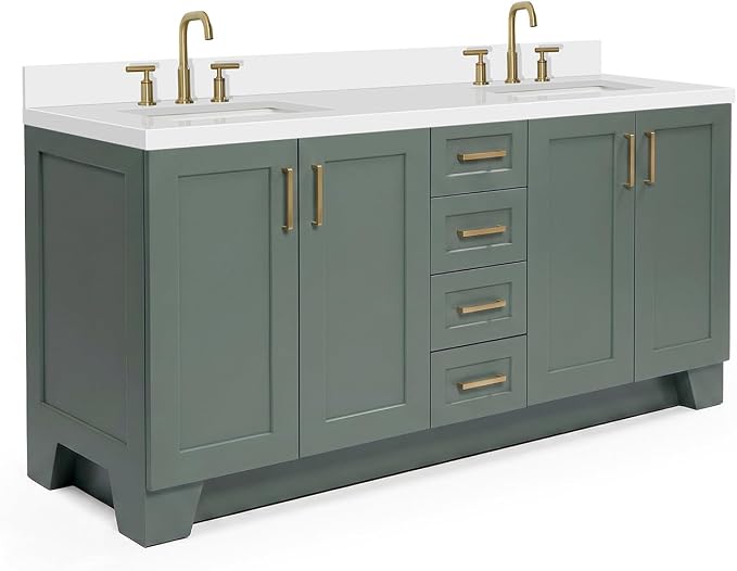 ARIEL Taylor 72-inch Bathroom Vanity with Sink,Solid Wood, 1.5-inch Pure White Quartz Countertop, Double Rectangular Porcelain Sink, Soft Closing Doors, Dovetail Drawers, Vintage Green