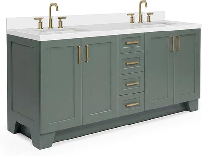 ARIEL Taylor 72-inch Bathroom Vanity with Sink,Solid Wood, 1.5-inch Pure White Quartz Countertop, Double Rectangular Porcelain Sink, Soft Closing Doors, Dovetail Drawers, Vintage Green