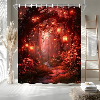 Fantasy Forest Path Shower Curtain Red Fairy Magical Enchanted Misty Jungle Mushroom Floral Tree Butterfly Lantern Wonderland Bath Curtain Fabric Bathroom Accessories Decor with Hooks 70W x90L