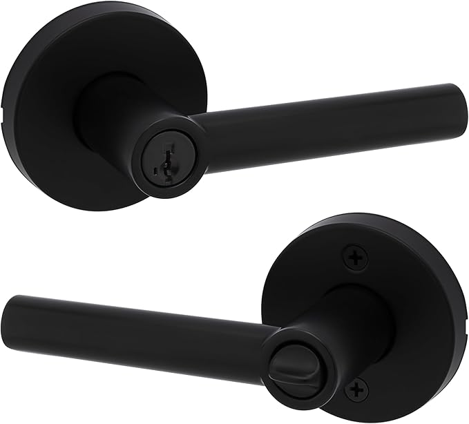 Kwikset Milan Entry Door Handle with Lock and Key, Secure Keyed Reversible Lever Exterior, Doorlock, For Front Entrance and Bedrooms, Matte Black, Pick Resistant Smartkey Rekey Security