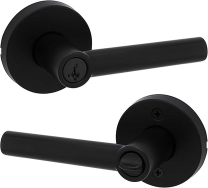 Kwikset Milan Entry Door Handle with Lock and Key, Secure Keyed Reversible Lever Exterior, Doorlock, For Front Entrance and Bedrooms, Matte Black, Pick Resistant Smartkey Rekey Security
