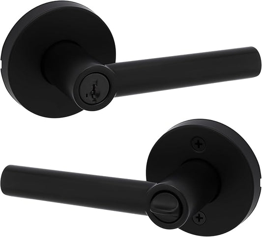 Kwikset Milan Entry Door Handle with Lock and Key, Secure Keyed Reversible Lever Exterior, Doorlock, For Front Entrance and Bedrooms, Matte Black, Pick Resistant Smartkey Rekey Security