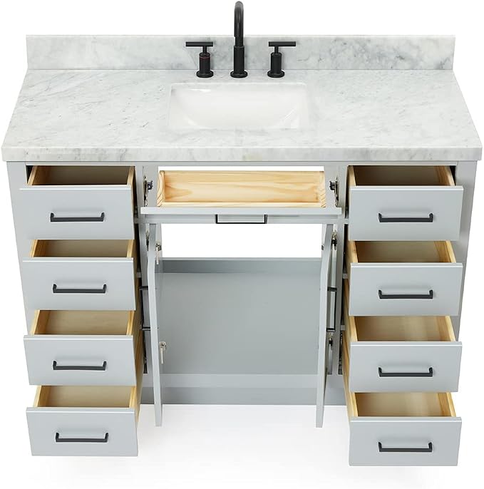 Isabella 48-Inch Bathroom Vanity with Sink — Grey Single Sink Bathroom Vanity, 1.5" Edge Italian Carrara Marble Top, Solid Wood, 2 Soft-Close Doors, 8 Dovetail Drawers + Tilt Drawer