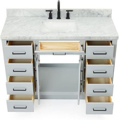 Isabella 48-Inch Bathroom Vanity with Sink — Grey Single Sink Bathroom Vanity, 1.5" Edge Italian Carrara Marble Top, Solid Wood, 2 Soft-Close Doors, 8 Dovetail Drawers + Tilt Drawer