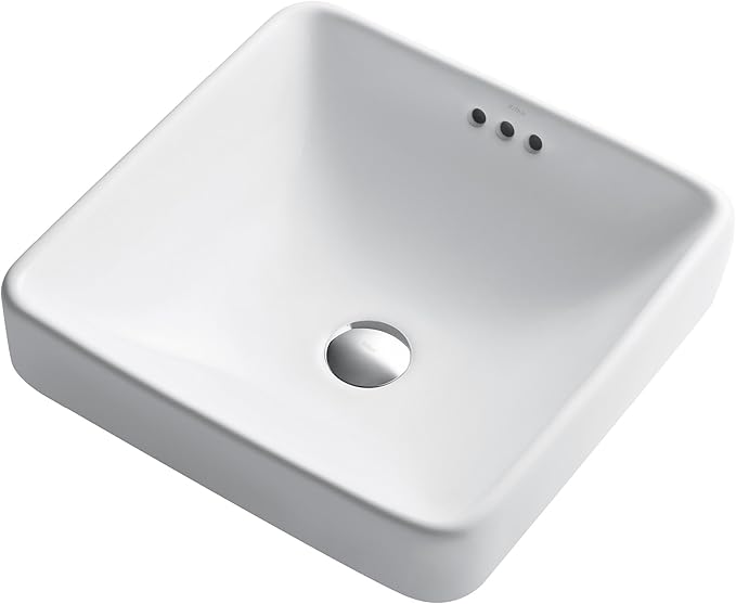 KRAUS Elavo Square Semi-Recessed Vessel White Porcelain Ceramic Bathroom Sink with Overflow, 16 1/2 inch KCR-281