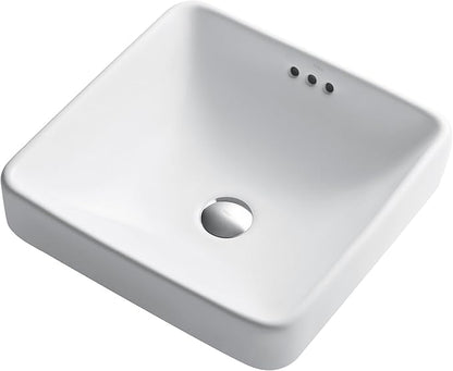 KRAUS Elavo Square Semi-Recessed Vessel White Porcelain Ceramic Bathroom Sink with Overflow, 16 1/2 inch KCR-281