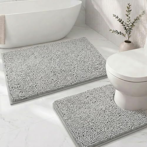Bathroom Rugs Sets 2 Piece,Super Absorbent Soft,Thick,Machine Washable Chenille Bath Mat,Non Slip Toilet Floor Rug,Bath Mats for Bathroom,20x32 Plus 20x20 U Shape,Light Grey