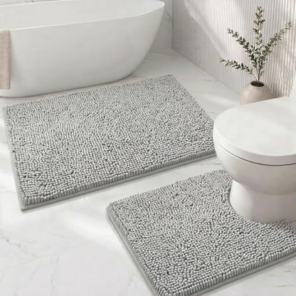 Bathroom Rugs Sets 2 Piece,Super Absorbent Soft,Thick,Machine Washable Chenille Bath Mat,Non Slip Toilet Floor Rug,Bath Mats for Bathroom,20x32 Plus 20x20 U Shape,Light Grey