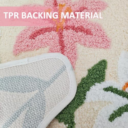 Lily Flower U-Shaped Toilet Mat, Romantic Floral Non-Slip Bath Rug with Wave Edge Design, Soft Absorbent Microfiber Floor Mat for Toilet Base, Machine Washable Bathroom Decor 20x22 (U-Shaped Lily)